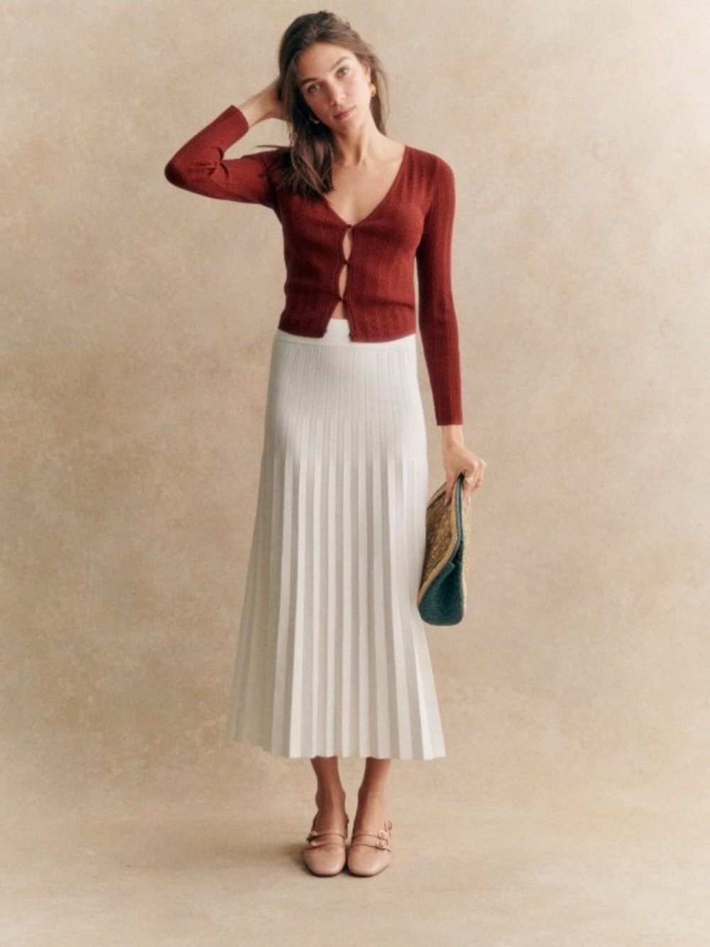 Sezane Cream Leonine Pleated Maxi Skirt